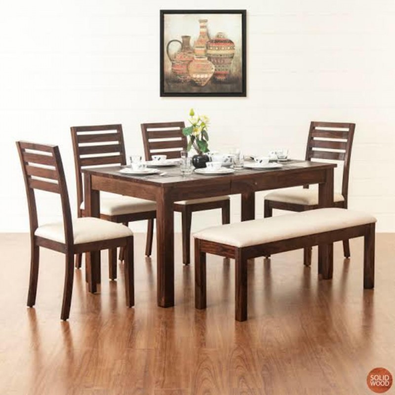 Solid sheesham wood 6 Seater Dining set with 4 cushioned chairs and 1 cushioned Bench